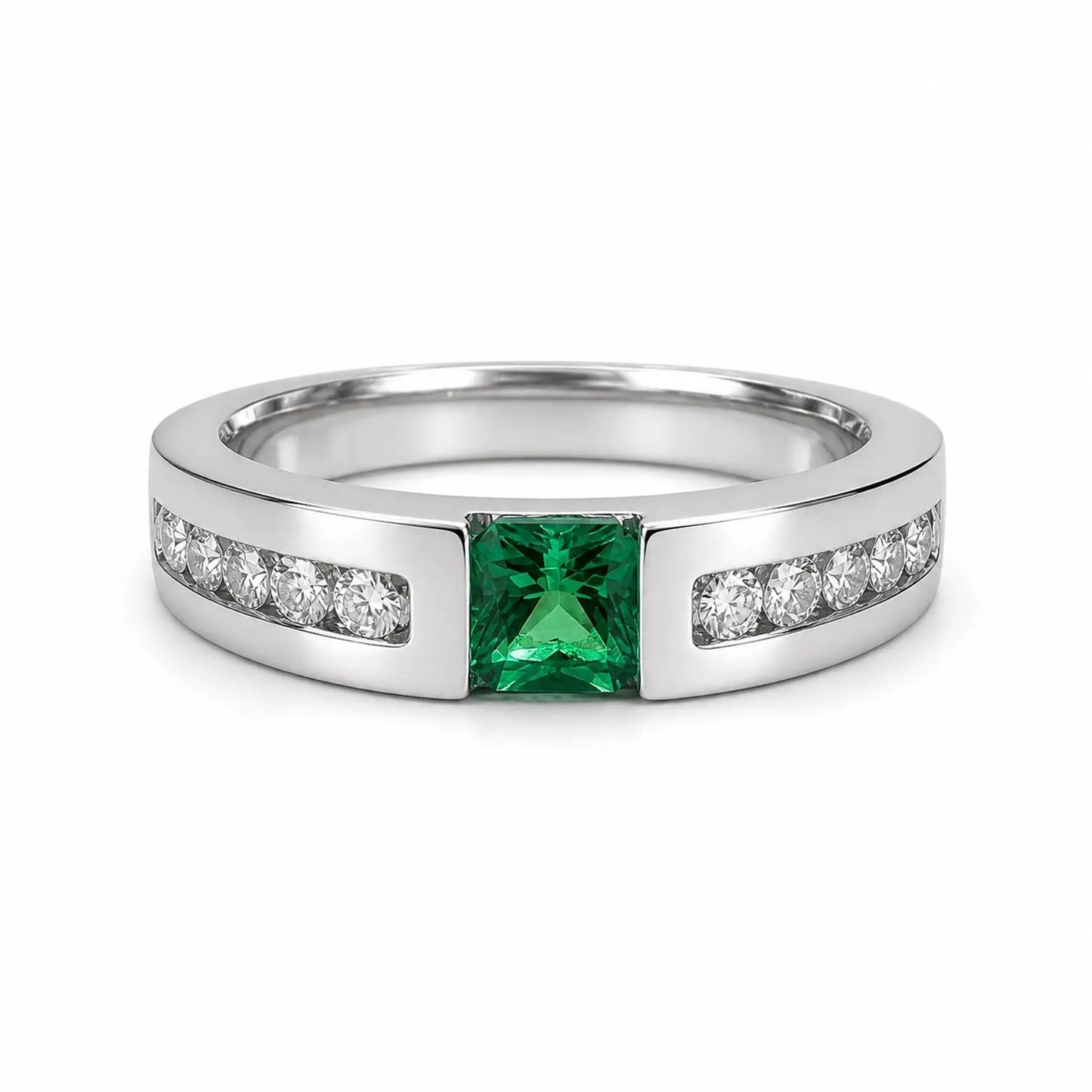 Mens Emerald and Moissanite Wedding Band White Gold Classic Mans Wedding Band Comfort Fit Mens Wedding Band White Gold Promise Ring   #7184