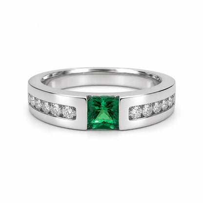 Mens Emerald and Moissanite Wedding Band White Gold Classic Mans Wedding Band Comfort Fit Mens Wedding Band White Gold Promise Ring   #7184