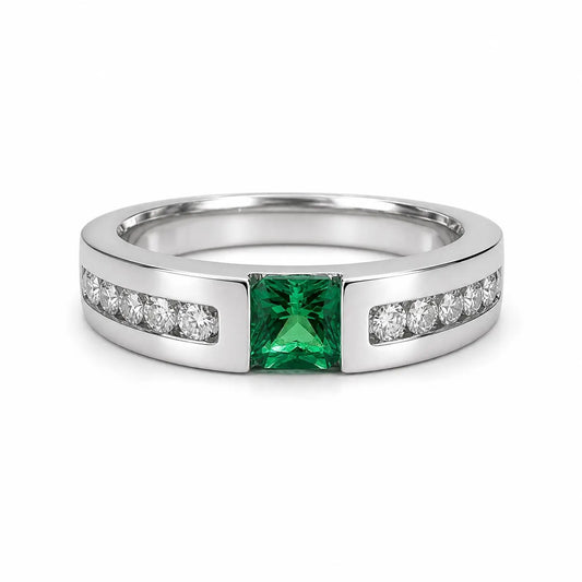 Mens Emerald and Moissanite Wedding Band White Gold Classic Mans Wedding Band Comfort Fit Mens Wedding Band White Gold Promise Ring   #7184