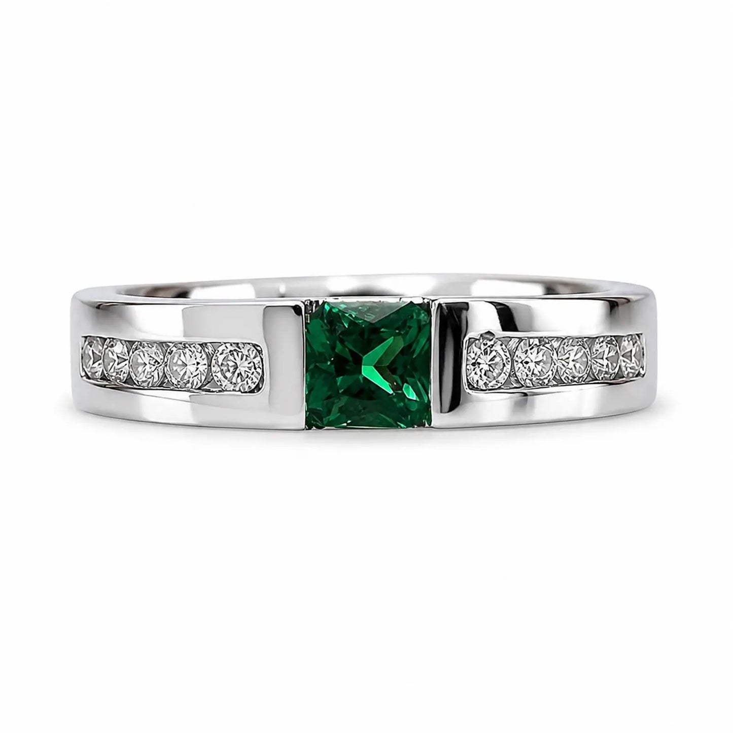 Mens Emerald and Moissanite Wedding Band White Gold Classic Mans Wedding Band Comfort Fit Mens Wedding Band White Gold Promise Ring   #7184