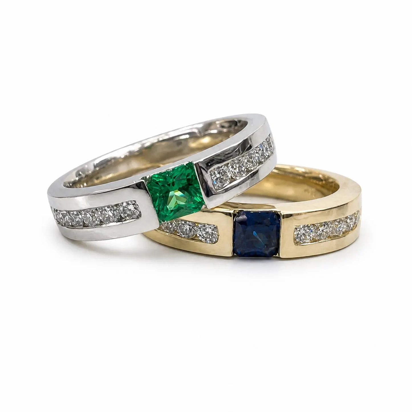 Mens Emerald and Moissanite Wedding Band White Gold Classic Mans Wedding Band Comfort Fit Mens Wedding Band White Gold Promise Ring   #7184