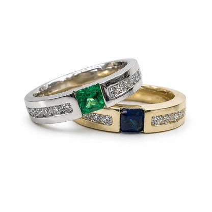 Mens Emerald and Moissanite Wedding Band White Gold Classic Mans Wedding Band Comfort Fit Mens Wedding Band White Gold Promise Ring   #7184