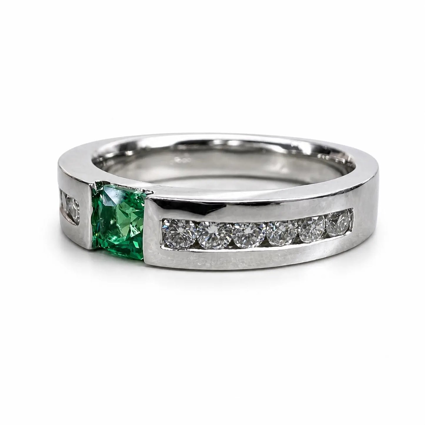 Mens Emerald and Moissanite Wedding Band White Gold Classic Mans Wedding Band Comfort Fit Mens Wedding Band White Gold Promise Ring   #7184