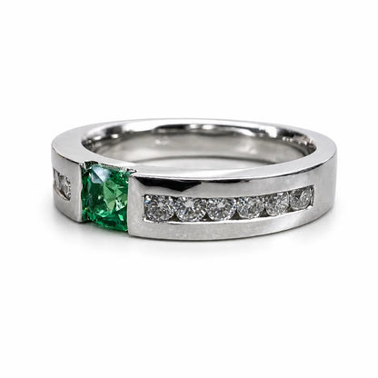 Mens Emerald and Moissanite Wedding Band White Gold Classic Mans Wedding Band Comfort Fit Mens Wedding Band White Gold Promise Ring   #7184