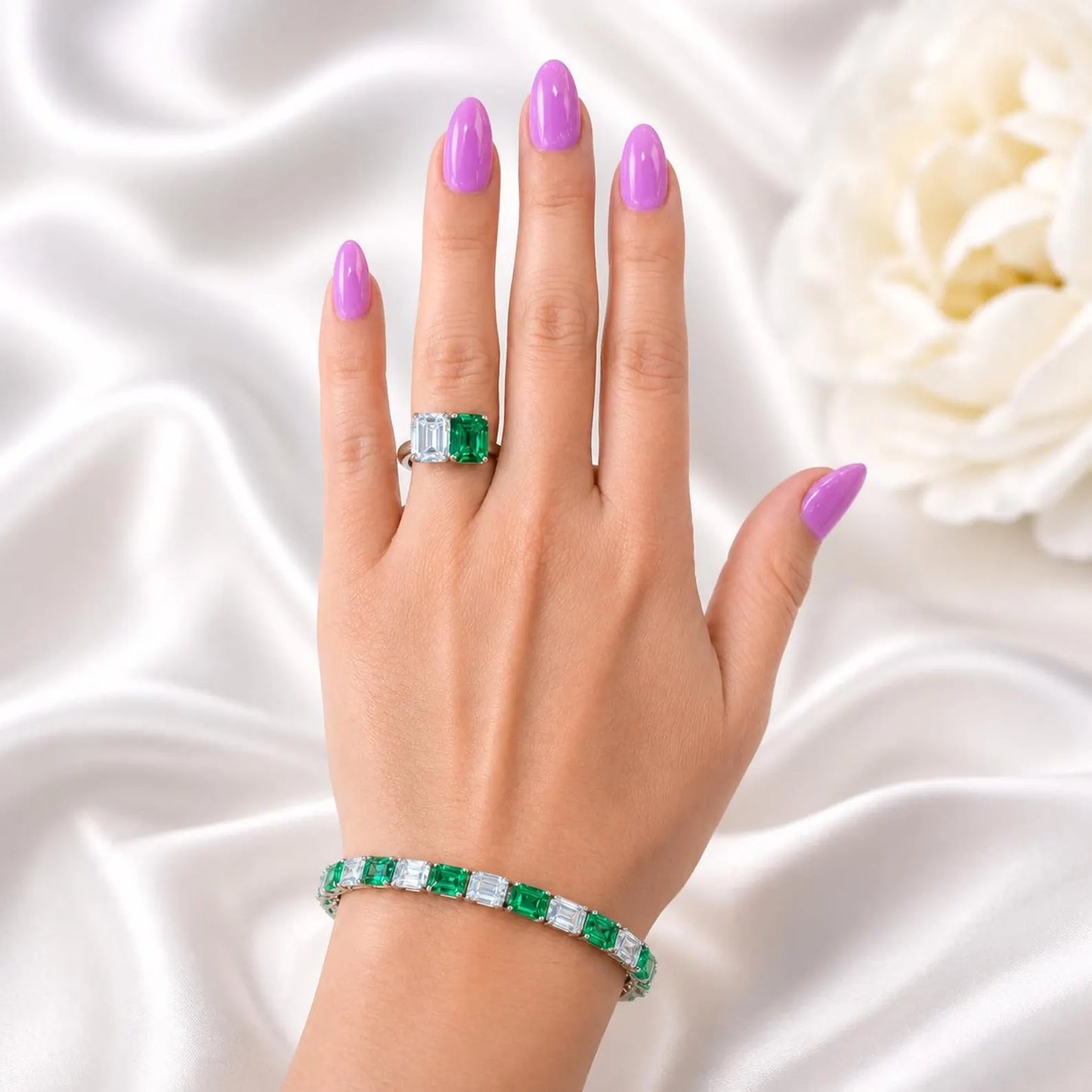 Lab Grown Diamond Bracelet with Emeralds, Emerald Cut Tennis Bracelet, White Gold Diamond Bracelet, #8945