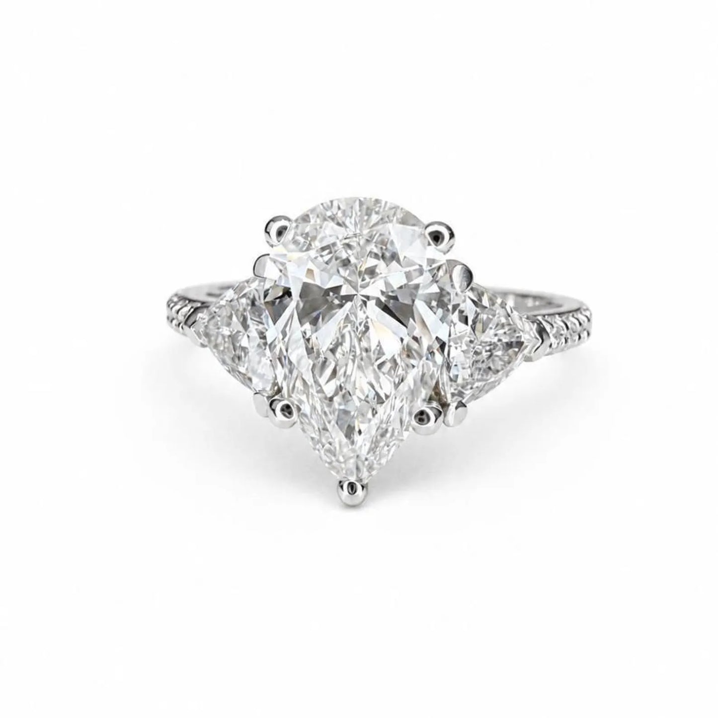 Pear Shaped Lab Grown Diamond Engagement Ring, Three Stone Diamond Ring in 14K White Gold, Luxury Bridal Ring for Women #8948