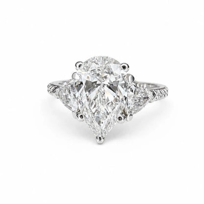 Pear Shaped Lab Grown Diamond Engagement Ring, Three Stone Diamond Ring in 14K White Gold, Luxury Bridal Ring for Women #8948