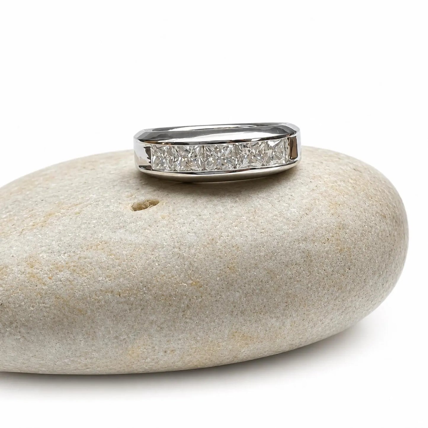 Mens Five Stone Moissanite Wedding Band 14K White Gold Radiant Cut Moissanite Band Ring For Men Unique Mens Promise Ring White Gold #7281