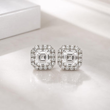 Asscher Cut Lab Grown Diamond Stud Earrings, Halo Diamond Earrings, 14K Solid Gold Earrings, Square Diamond Studs For Women #8954