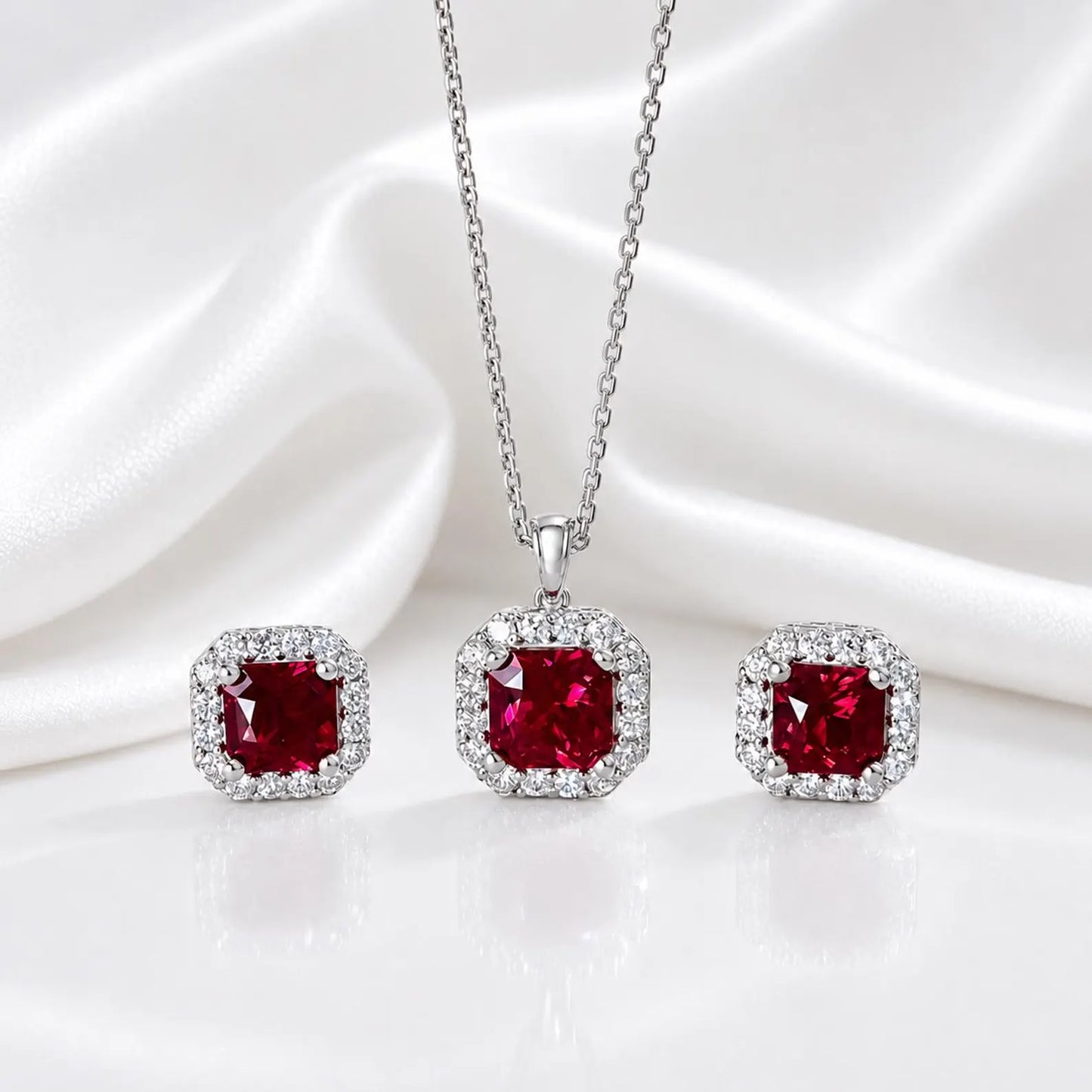 Radiant Cut Ruby Necklace, Lab Diamond Halo Pendant, 14K Gold Ruby Pendant, July Birthstone Layering Necklace, Ruby Jewelry Gift, #8960