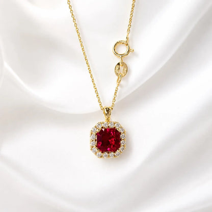 Radiant Cut Ruby Necklace, Lab Diamond Halo Pendant, 14K Gold Ruby Pendant, July Birthstone Layering Necklace, Ruby Jewelry Gift, #8960