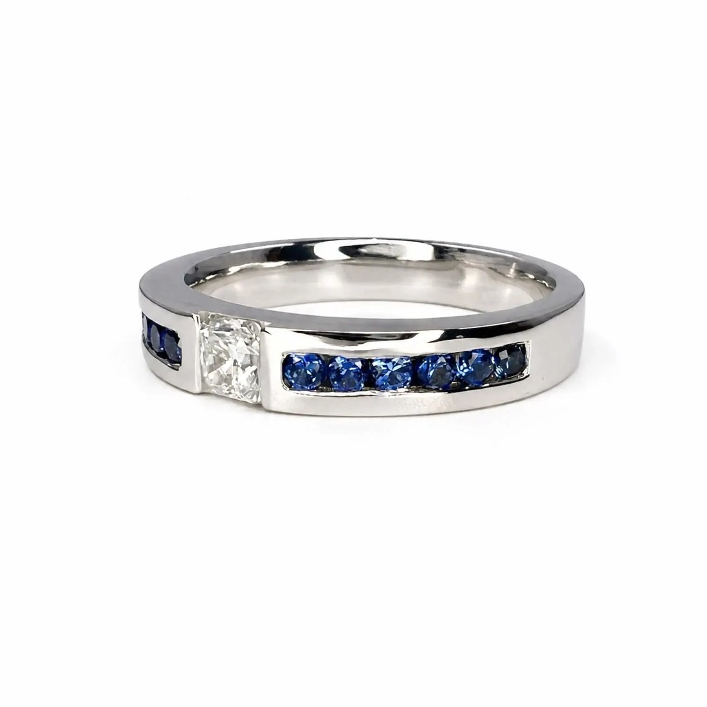 Mens Moissanite and Blue Sapphire Wedding Band 14K Solid Gold Mens White Gold Wedding Band, Wide Wedding Band, Blue Sapphire Mens Band #8183