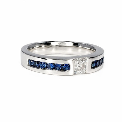 Mens Moissanite and Blue Sapphire Wedding Band 14K Solid Gold Mens White Gold Wedding Band, Wide Wedding Band, Blue Sapphire Mens Band #8183