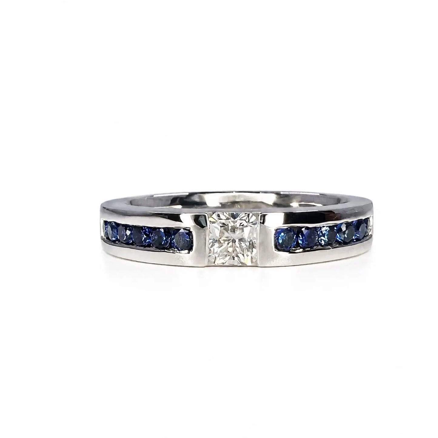 Mens Moissanite and Blue Sapphire Wedding Band 14K Solid Gold Mens White Gold Wedding Band, Wide Wedding Band, Blue Sapphire Mens Band #8183