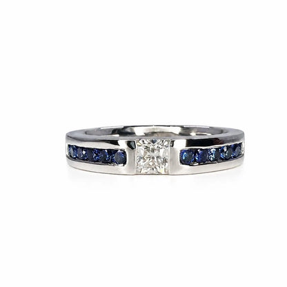 Mens Moissanite and Blue Sapphire Wedding Band 14K Solid Gold Mens White Gold Wedding Band, Wide Wedding Band, Blue Sapphire Mens Band #8183