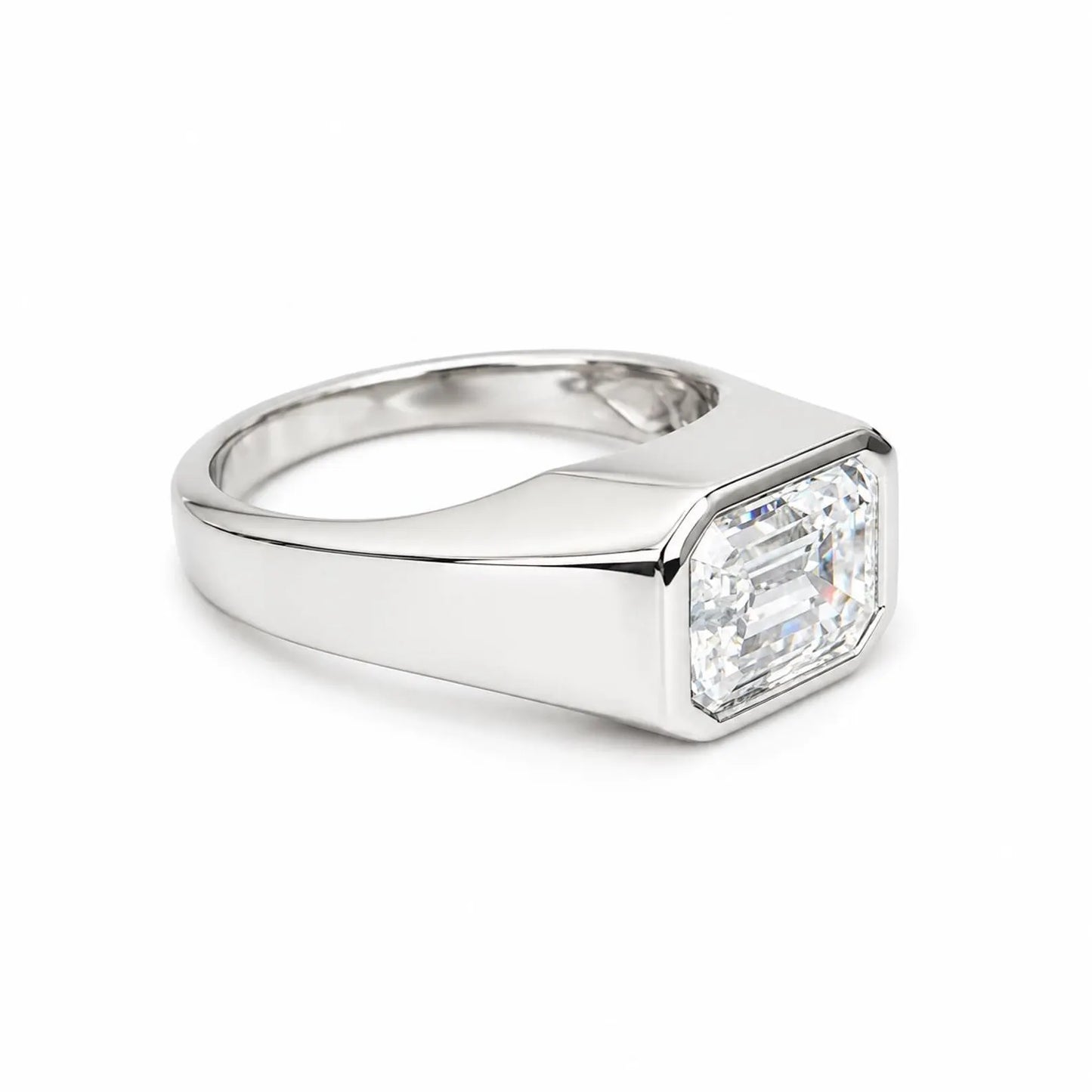 Mens moissanite diamond wedding ring 14k white gold, unique moissanite mens ring, emerald cut mens anniversary gift, mans band ring,   #7495