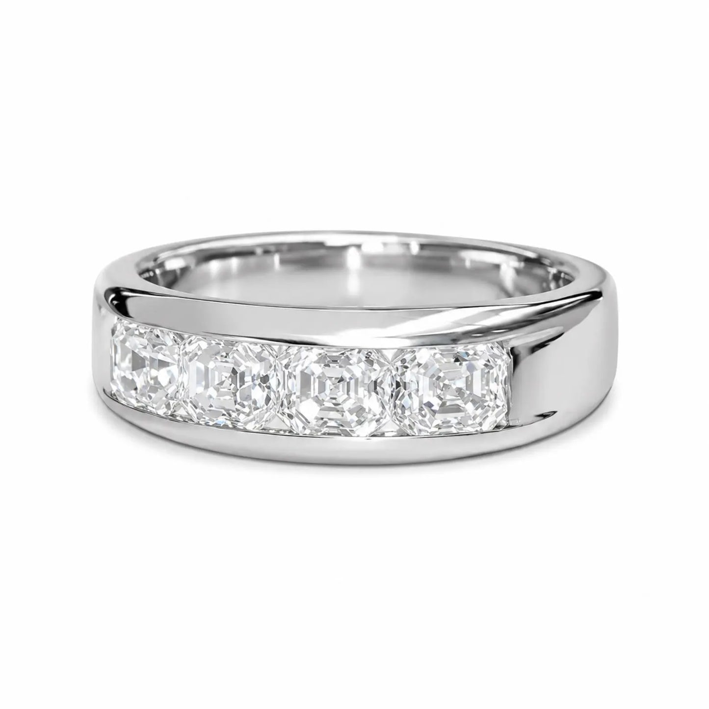 Mens Diamond Wedding Band 14K White Gold , Asscher Cut Moissanite Mans Wedding Band , Mens Promise Anniversary Ring  Mens Wedding Band #7258