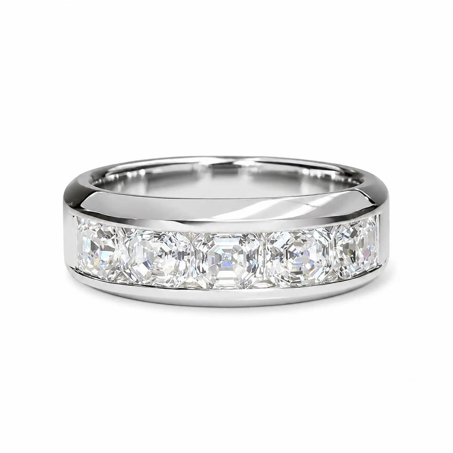 Mens Diamond Wedding Band 14K White Gold , Asscher Cut Moissanite Mans Wedding Band , Mens Promise Anniversary Ring  Mens Wedding Band #7258