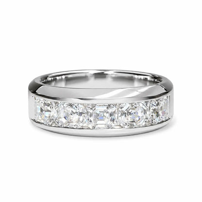 Mens Diamond Wedding Band 14K White Gold , Asscher Cut Moissanite Mans Wedding Band , Mens Promise Anniversary Ring  Mens Wedding Band #7258