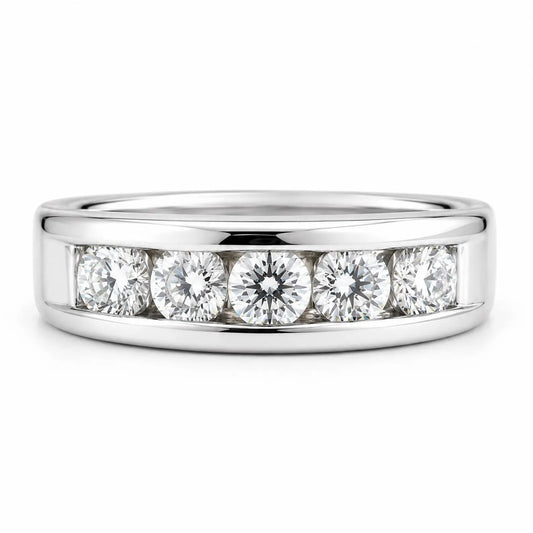 Mens Moissanite Wedding Band Men's Half Eternity Wedding Band, High Polished White Gold Unique Mens Anniversary Promise Engagement Ring 7402
