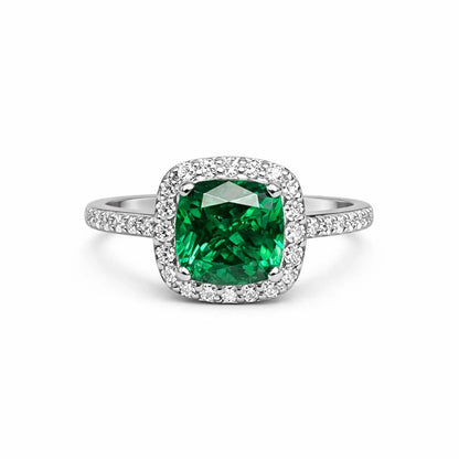 Emerald Green Ring Cushion Cut Emerald with Moissanite Halo Engagement Ring White Gold Simple Emerald Wedding Promise Anniversary Ring #6190