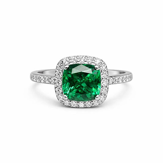 Emerald Green Ring Cushion Cut Emerald with Moissanite Halo Engagement Ring White Gold Simple Emerald Wedding Promise Anniversary Ring #6190