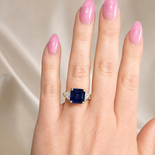 Asscher Cut Blue Sapphire Engagement Ring Solid 14k Yellow Gold, Moissanite Trillion Accents, Moissanite Ring Wedding Ring For Her