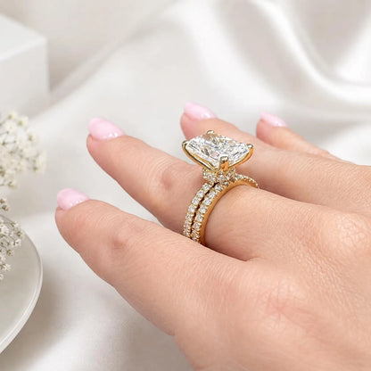 Radiant Cut Lab Grown Diamond Engagement Ring Set, 14K Yellow/White Gold Diamond Wedding Band, Solitaire Lab Diamond Bridal Set #8966