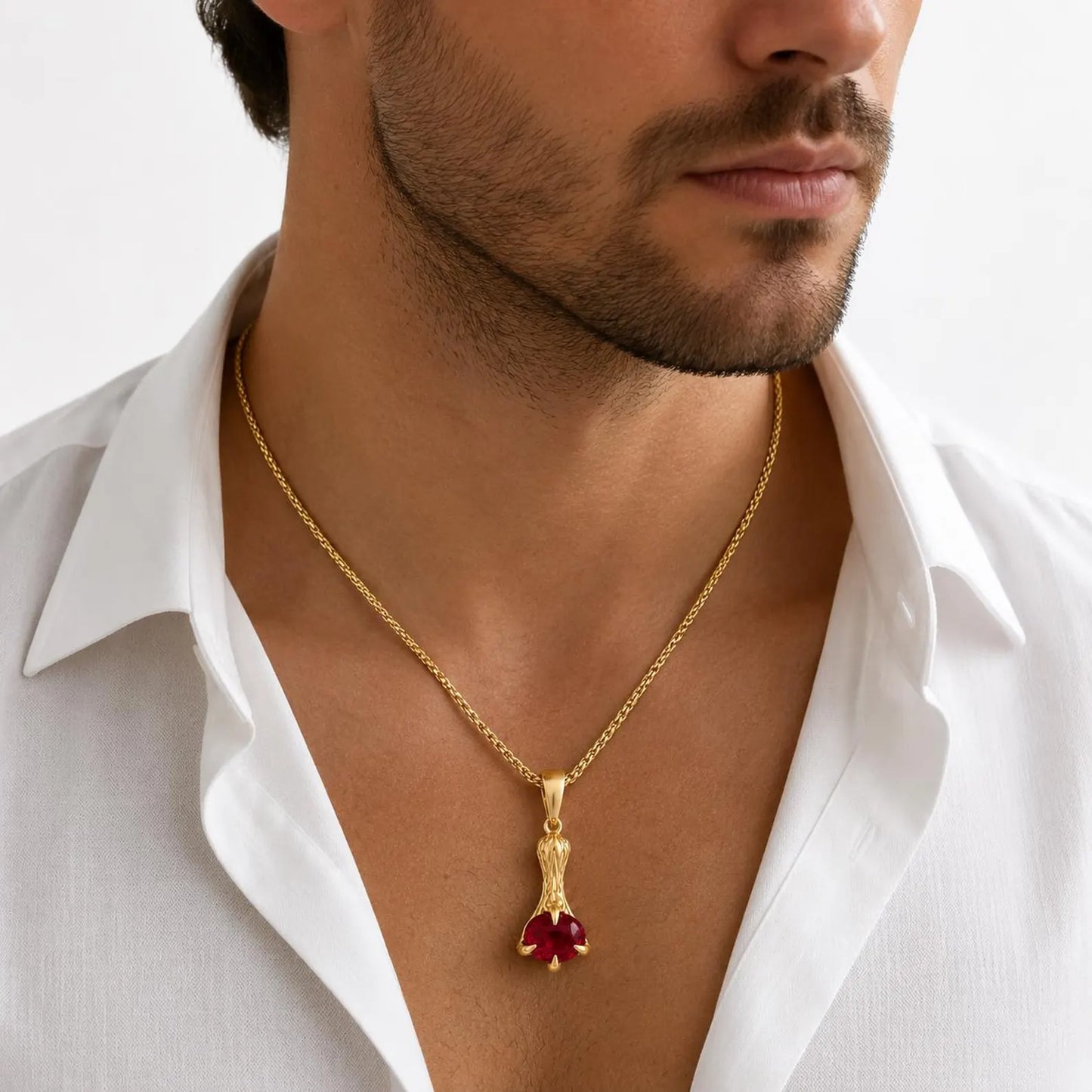 Mens Ruby Pendant Necklace 14K Gold, Pear Shaped Ruby Pendant, Mens Red Gemstone Necklace, July Birthstone Jewelry for Men NO CHAIN #8968