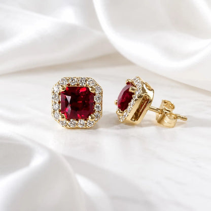Radiant Cut Ruby Necklace, Lab Diamond Halo Pendant, 14K Gold Ruby Pendant, July Birthstone Layering Necklace, Ruby Jewelry Gift, #8960