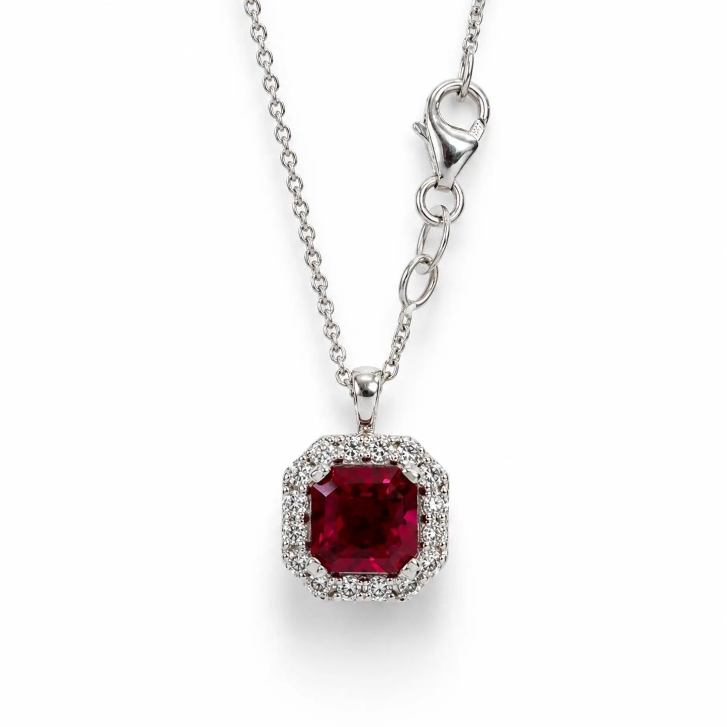 Radiant Cut Ruby Necklace, Lab Diamond Halo Pendant, 14K Gold Ruby Pendant, July Birthstone Layering Necklace, Ruby Jewelry Gift, #8960