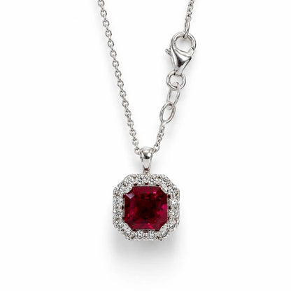 Radiant Cut Ruby Necklace, Lab Diamond Halo Pendant, 14K Gold Ruby Pendant, July Birthstone Layering Necklace, Ruby Jewelry Gift, #8960