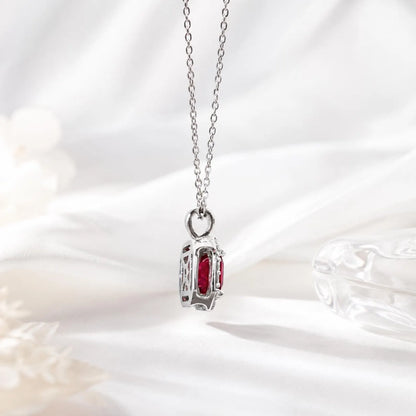 Radiant Cut Ruby Necklace, Lab Diamond Halo Pendant, 14K Gold Ruby Pendant, July Birthstone Layering Necklace, Ruby Jewelry Gift, #8960