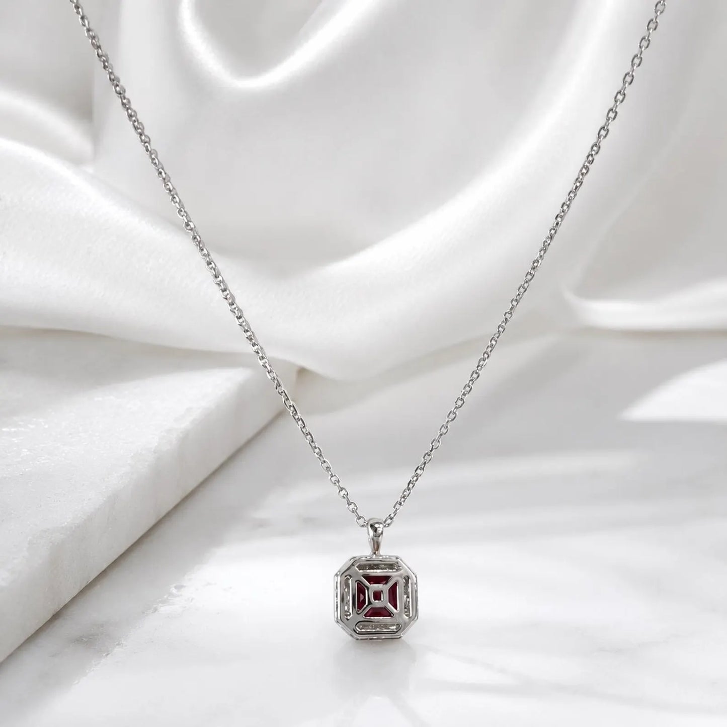 Radiant Cut Ruby Necklace, Lab Diamond Halo Pendant, 14K Gold Ruby Pendant, July Birthstone Layering Necklace, Ruby Jewelry Gift, #8960