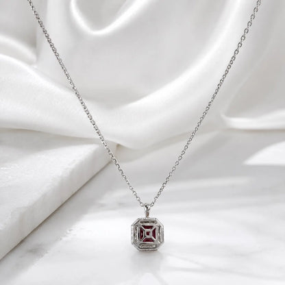 Radiant Cut Ruby Necklace, Lab Diamond Halo Pendant, 14K Gold Ruby Pendant, July Birthstone Layering Necklace, Ruby Jewelry Gift, #8960