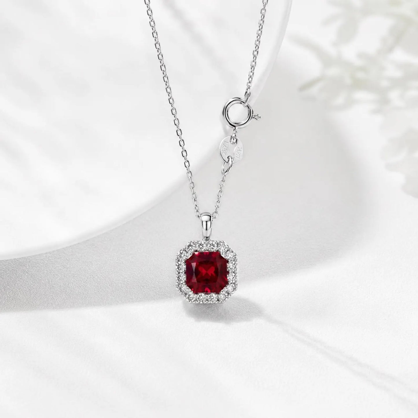Radiant Cut Ruby Necklace, Lab Diamond Halo Pendant, 14K Gold Ruby Pendant, July Birthstone Layering Necklace, Ruby Jewelry Gift, #8960
