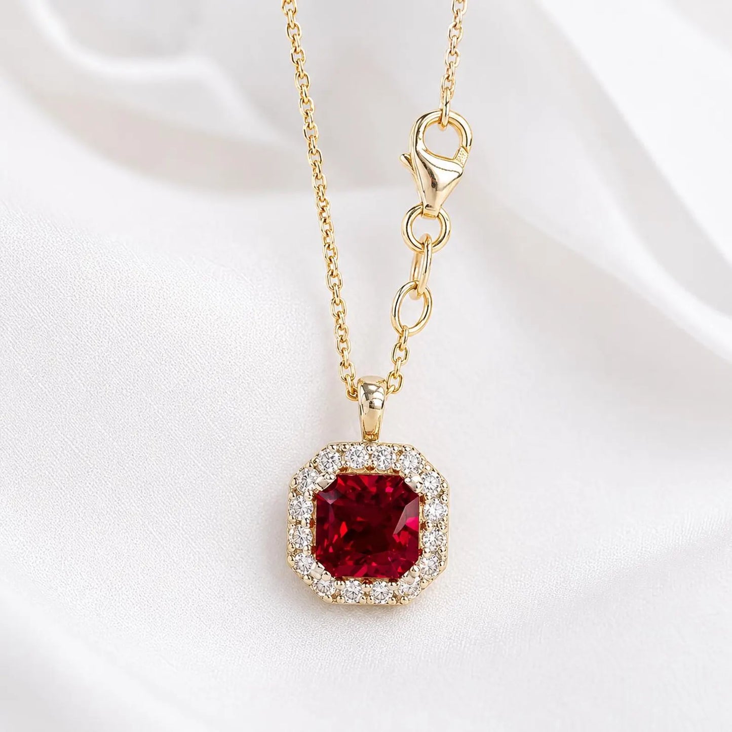 Radiant Cut Ruby Necklace, Lab Diamond Halo Pendant, 14K Gold Ruby Pendant, July Birthstone Layering Necklace, Ruby Jewelry Gift, #8960