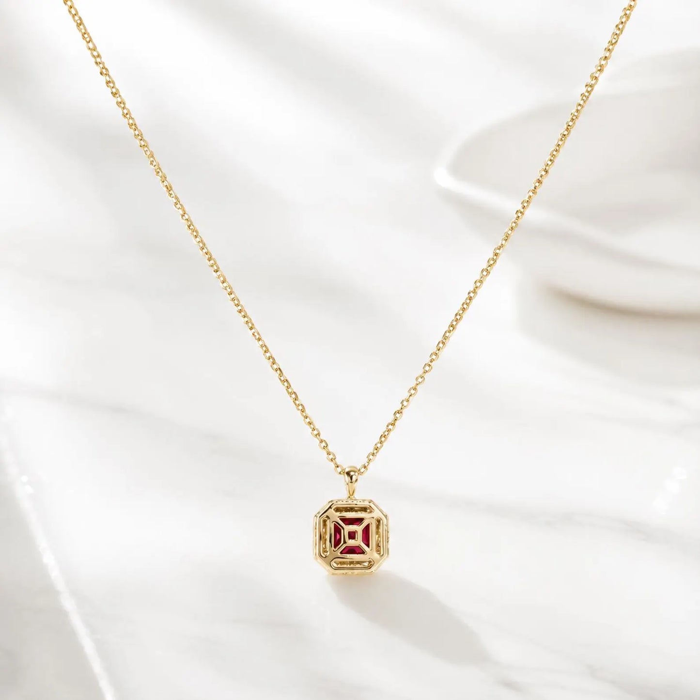 Radiant Cut Ruby Necklace, Lab Diamond Halo Pendant, 14K Gold Ruby Pendant, July Birthstone Layering Necklace, Ruby Jewelry Gift, #8960