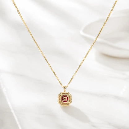Radiant Cut Ruby Necklace, Lab Diamond Halo Pendant, 14K Gold Ruby Pendant, July Birthstone Layering Necklace, Ruby Jewelry Gift, #8960