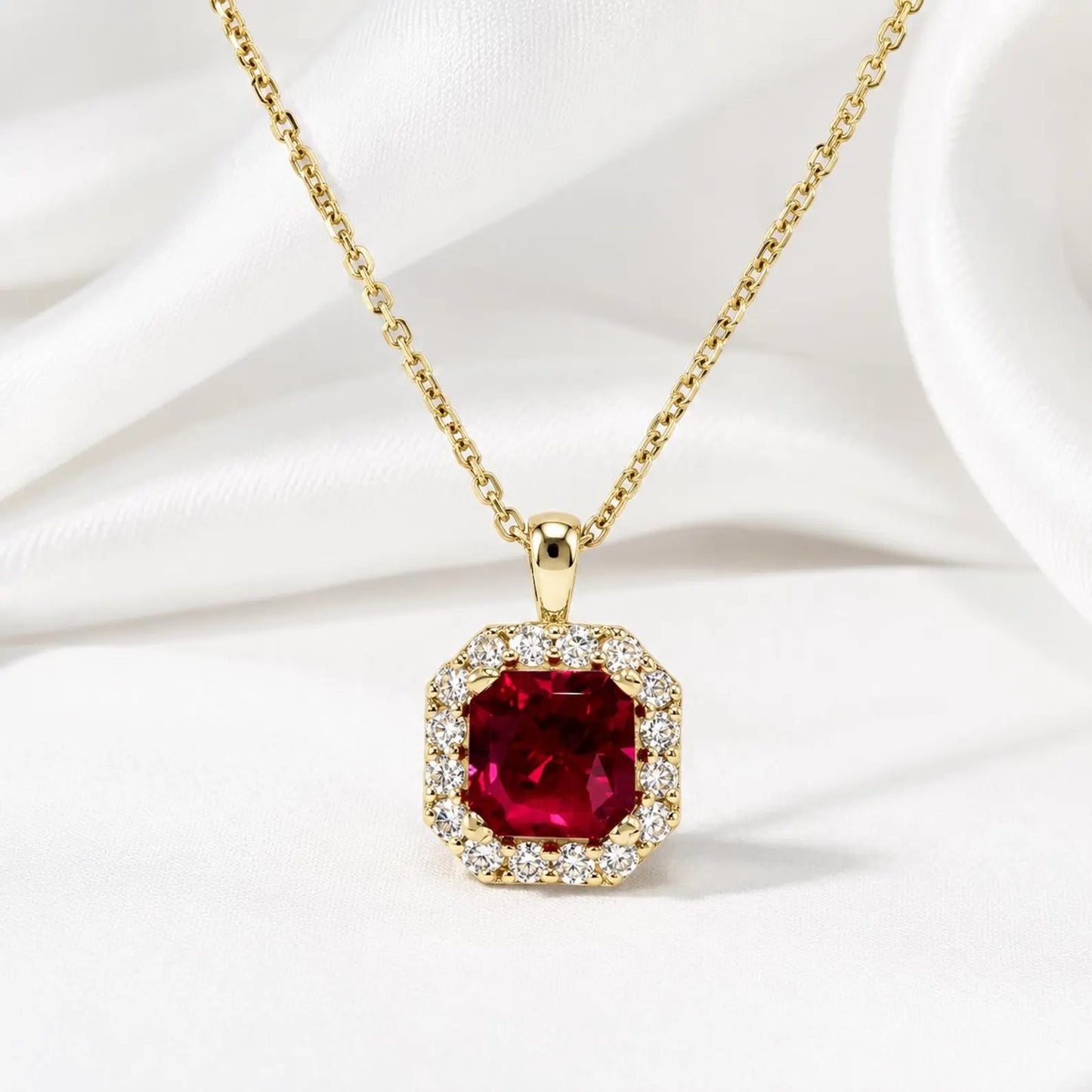 Radiant Cut Ruby Necklace, Lab Diamond Halo Pendant, 14K Gold Ruby Pendant, July Birthstone Layering Necklace, Ruby Jewelry Gift, #8960