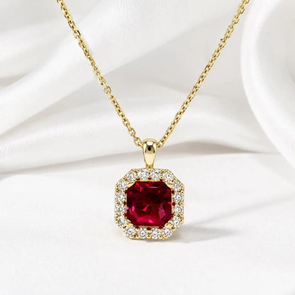 Radiant Cut Ruby Necklace, Lab Diamond Halo Pendant, 14K Gold Ruby Pendant, July Birthstone Layering Necklace, Ruby Jewelry Gift, #8960