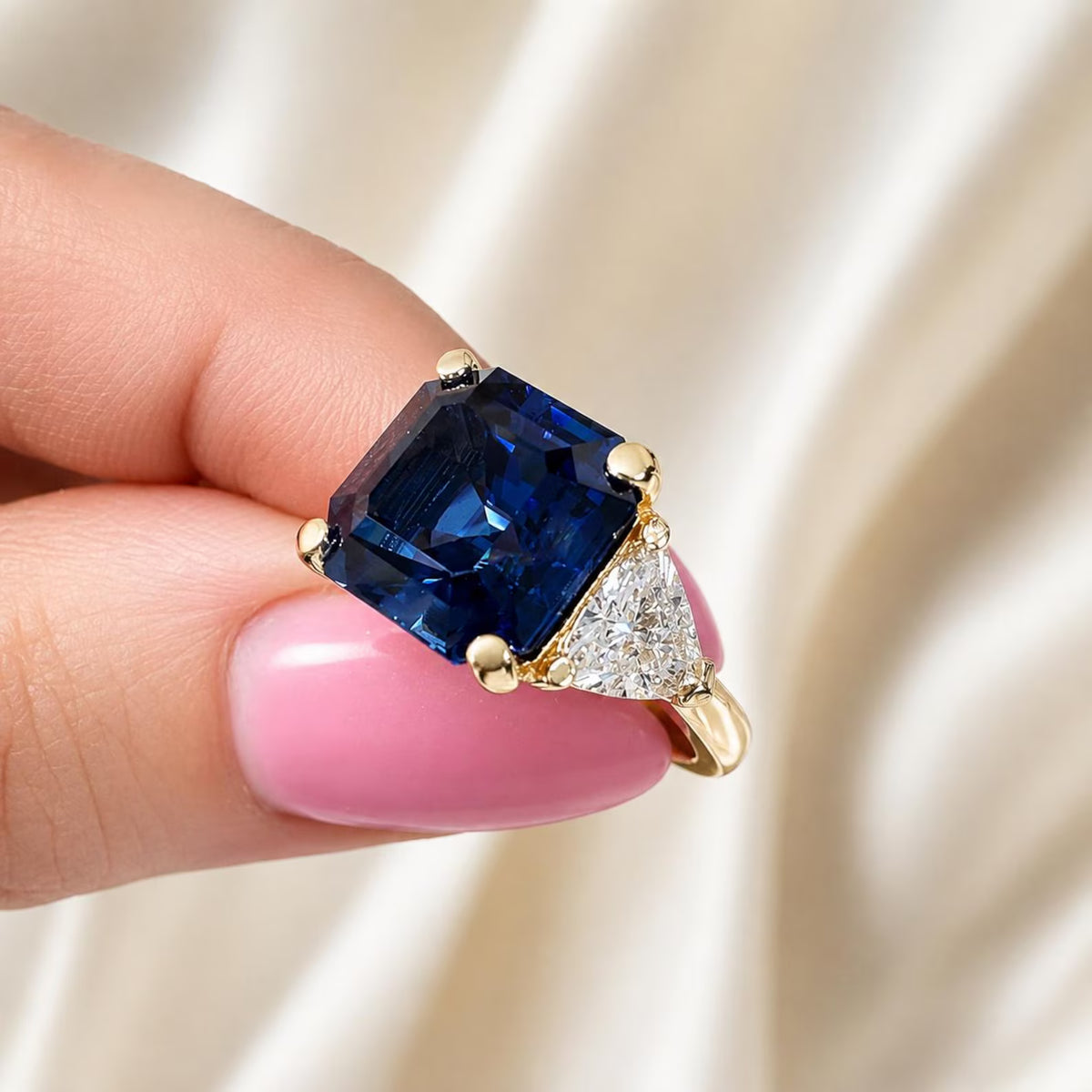 Asscher Cut Blue Sapphire Engagement Ring Solid 14k Yellow Gold, Moissanite Trillion Accents, Moissanite Ring Wedding Ring For Her