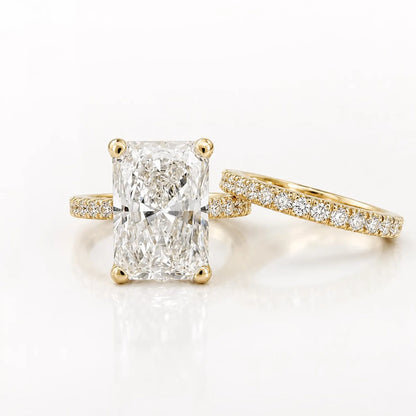 Radiant Cut Lab Grown Diamond Engagement Ring Set, 14K Yellow/White Gold Diamond Wedding Band, Solitaire Lab Diamond Bridal Set #8966