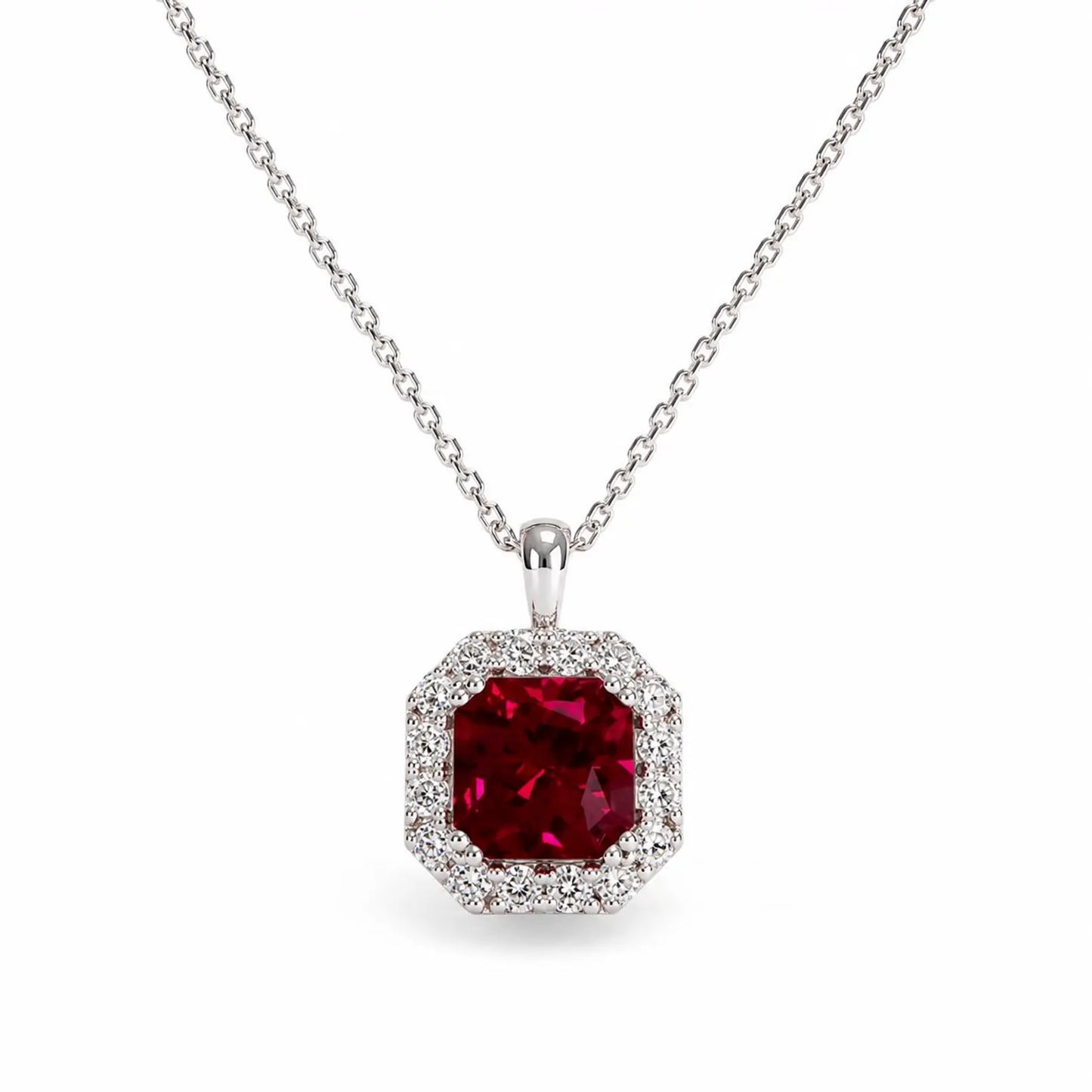 Radiant Cut Ruby Necklace, Lab Diamond Halo Pendant, 14K Gold Ruby Pendant, July Birthstone Layering Necklace, Ruby Jewelry Gift, #8960