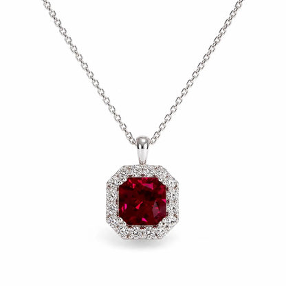 Radiant Cut Ruby Necklace, Lab Diamond Halo Pendant, 14K Gold Ruby Pendant, July Birthstone Layering Necklace, Ruby Jewelry Gift, #8960
