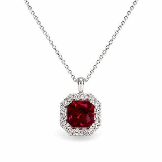 Radiant Cut Ruby Necklace, Lab Diamond Halo Pendant, 14K Gold Ruby Pendant, July Birthstone Layering Necklace, Ruby Jewelry Gift, #8960