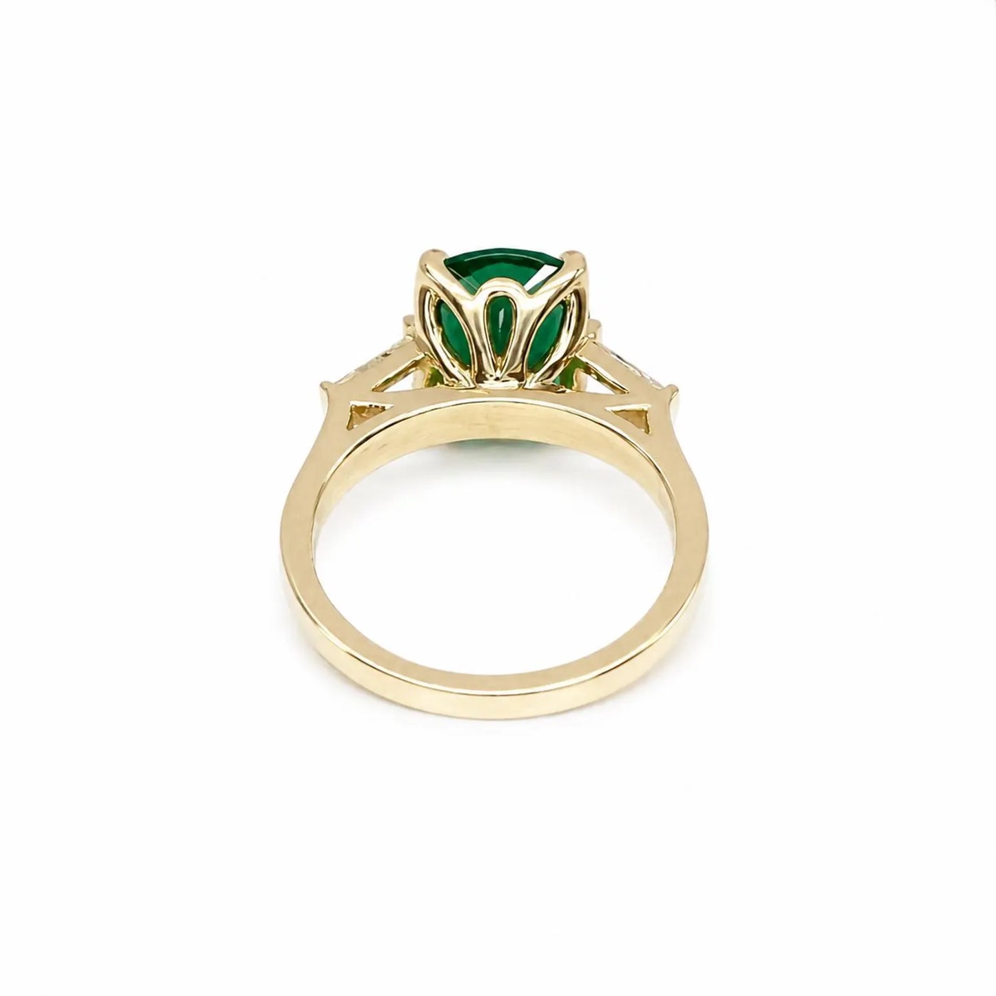 Emerald green cushion cut engagement ring, yellow gold unique elongate green emerald ring, three stone ring emerald and baguette ring  #6727