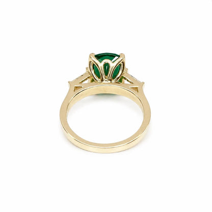Emerald green cushion cut engagement ring, yellow gold unique elongate green emerald ring, three stone ring emerald and baguette ring  #6727