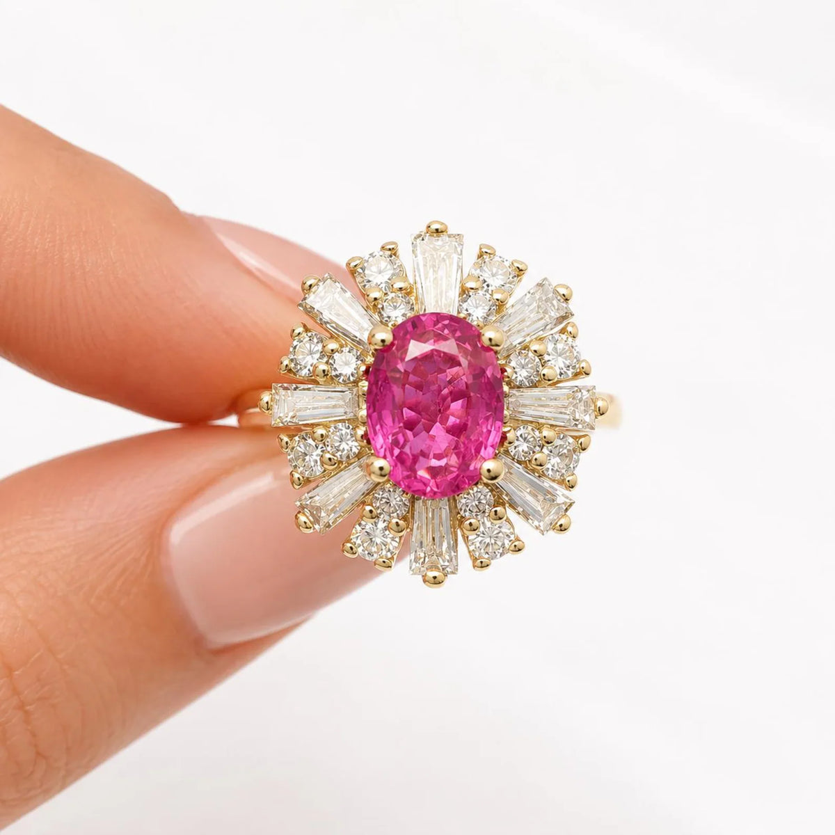 Natural Pink Sapphire Ring, Pink Sapphire Engagement Ring, Natural Diamond Halo Ring, Unique Vintage Cocktail Ring, 14K Yellow Gold #8973