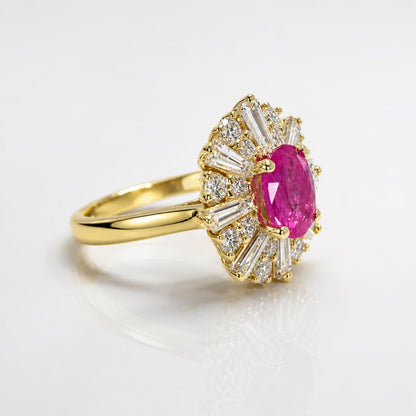 Natural Pink Sapphire Ring, Pink Sapphire Engagement Ring, Natural Diamond Halo Ring, Unique Vintage Cocktail Ring, 14K Yellow Gold #8973